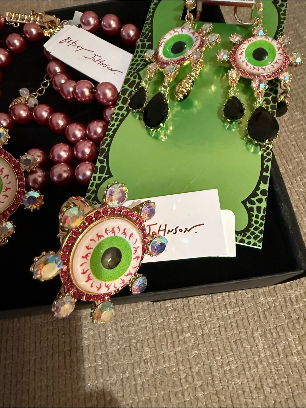 Betsey Johnson Pink pearl Halloween Necklace & Earring & expandable ring set